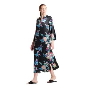Natori Festival Satin Zip Caftan Black Floral 3/4 Sleeve Maxi Size Small